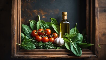 Black stone kitchen background with spices and vegetables, viewed from above, featuring free copy space.