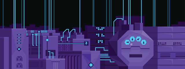 Abstract server room and data center interior with computer equipment in purple neon style. Vector illustration for technology, cyberpunk, and digital infrastructure design