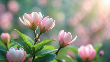 Obraz premium Begonia flowers and flower buds bloom in spring outdoors, Malus spectabilis