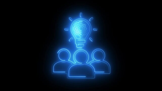Glowing neon crowd sourcing icon neon brainstorm icon neon Idea Group Icon Video People with Light bulb for Teamwork Innovation.