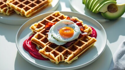 Belgian waffle topped with poached egg and crispy bacon.