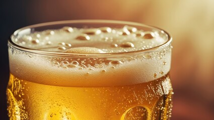 Close-up of beer with foam in the glass.