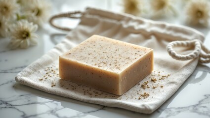 Beige handmade soap bar placed on soap saver bag on white marble table, close-up view, with copy space. Natural herbal products for face and body skincare.