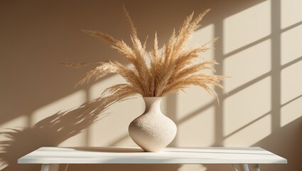 Beige ceramic vase with dry pampas grass and shadows on the table, interior Scandinavian decoration, aesthetic style, copy space