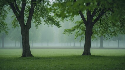 Obraz premium A park filled with fresh greenery shrouded in the haze of drizzle
