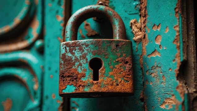 A padlock is attached to the worn metal doors of a garage or warehouse.
