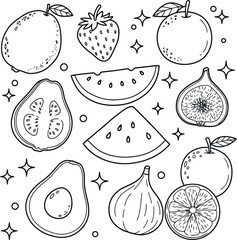 A black and white coloring page featuring a variety of fruits, including a guava, strawberry, orange, fig, watermelon slices, avocado, and grapefruit, adorned with decorative sparkles and circles.