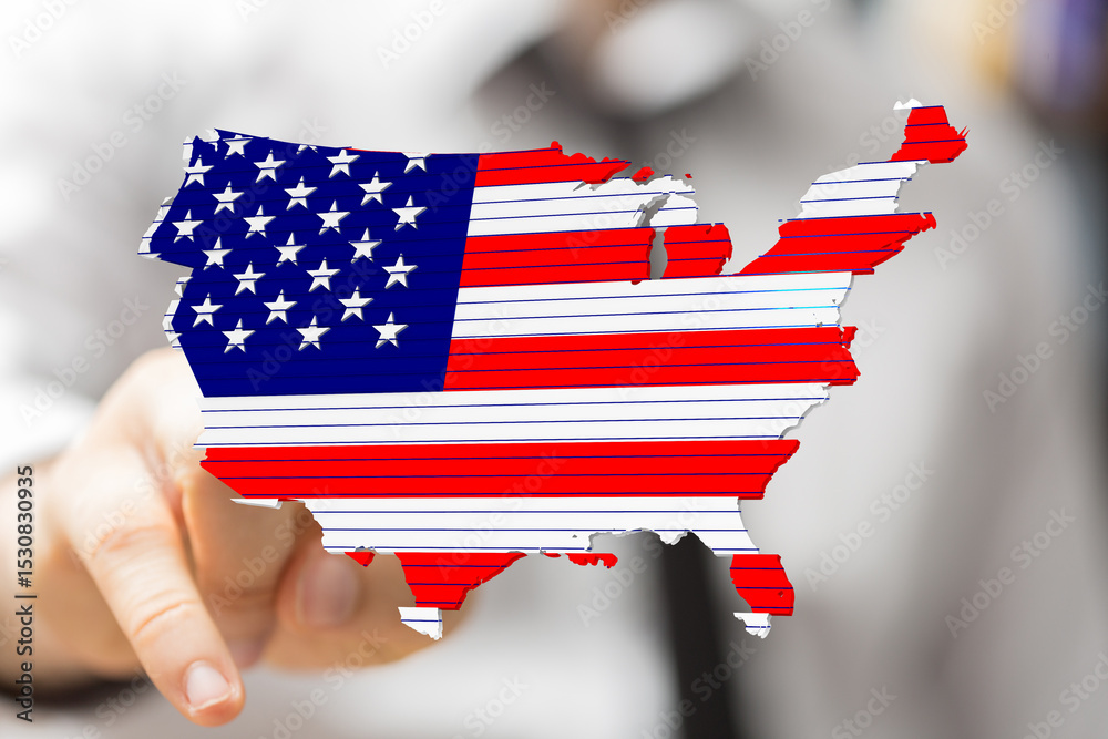 Poster hand pointing at a 3d map of the usa designed as the american flag. perfect for patriotic themes.