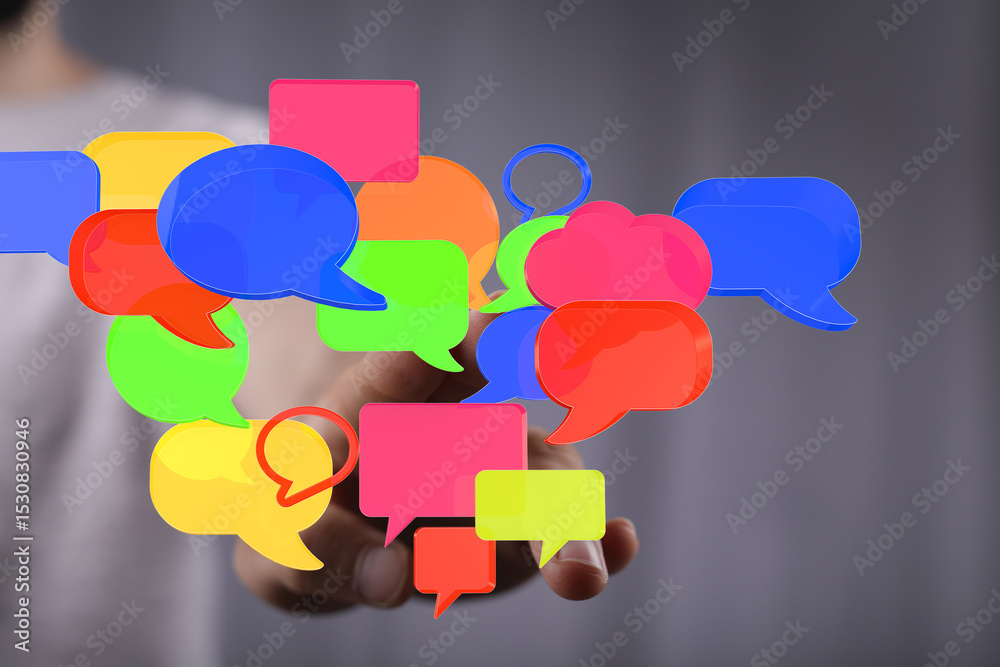 Poster abstract image of colorful speech bubbles, representing communication, social media, and online inte