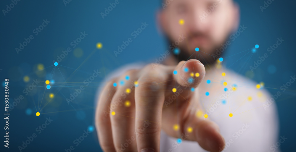 Aufkleber Abstract image of a man interacting with a digital network, showcasing connectivity and technology.