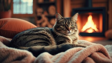 Cozy Domestic Tabby Cat by Fireplace â€“ Warm Glow, HD Fur Texture, Relaxed Pose, Ideal for Homesetting