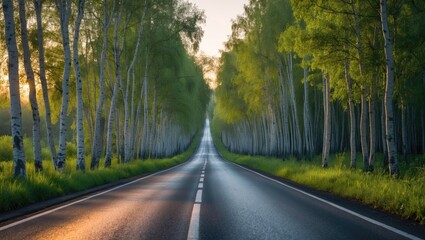 Fototapeta premium Rural road surrounded by lush green trees.