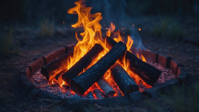 Crackling fire in the woods, burning wood and logs.