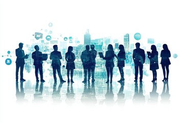 Group of business people stands in front of a digital cityscape overlay representing a connected global network