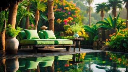 Comfortable daybed featuring umbrellas for shade.