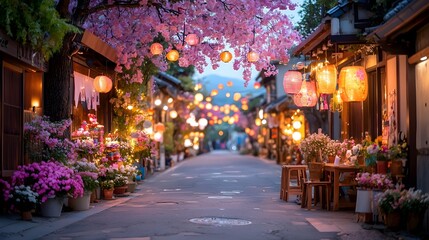 Fototapeta premium Scenic village street lined with glowing lanterns colorful flowers and traditional a festive and enchanting atmosphere