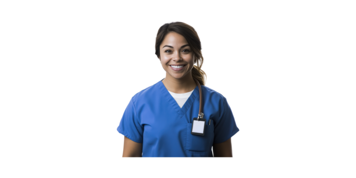 Smiling Female Nurse In Blue Scrubs With Stethoscope. Healthcare Professional Portrait Isolated On Transparent Background - Powered by Adobe