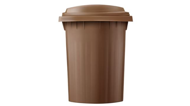 Dark brown trash bin with closed lid and rectangular shape isolated on white background