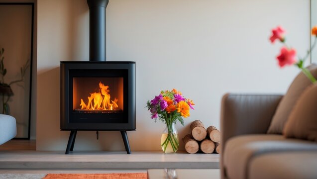 Cozy wood burner in a contemporary house. Minimalist style photograph of a fireplace with logs and flowers beside a wood burner.