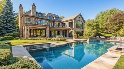Fototapeta premium Luxurious modern home with a pool and stunning backyard