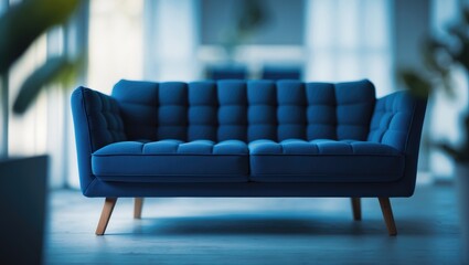 Cozy blue couch set against a blurred interior background, featuring a modern living room with stylish design and a comfort zone.