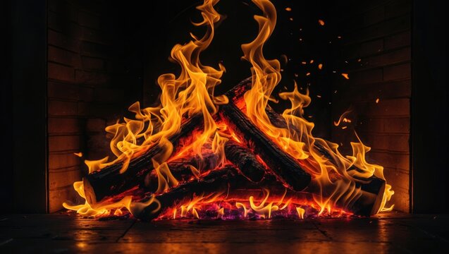 Cozy and warming log fire blazing in the fireplace