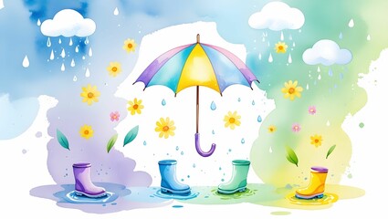 Adorable pastel watercolor art of rainy days — featuring charming kid-like scenes with boots, puddles, and umbrellas in soft shades. Ideal for minimal postcard designs, wall art, and cute seasonal col