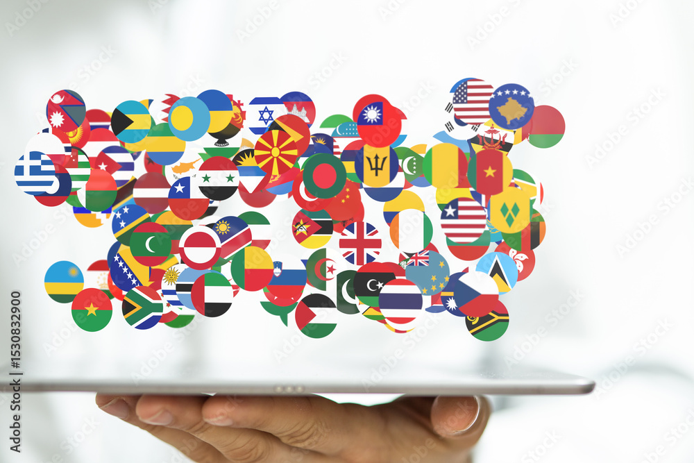 Poster image of various national flags displayed on a tablet, symbolizing global connectivity and internati