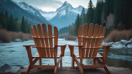 Two-seater wood chairs purchased near a river in the rocks.