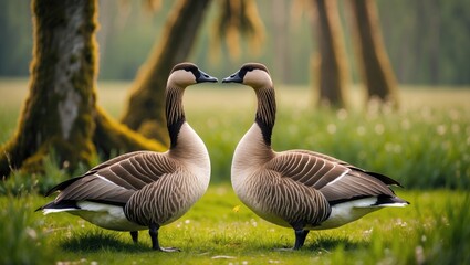 Two Canada geese relax in tall, dewy grass during the early morning hours.