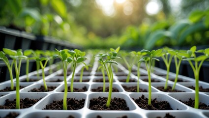 Hydroponic kale sprouts thriving in seedling trays, showcasing vibrant green leaves with sunlight filtering through blurred foliage in the background, promoting new growth and vitality.