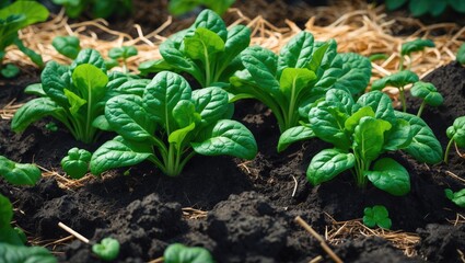 Two rows of young spinach plants growing in a mulch bed.