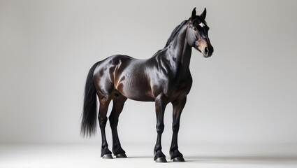 One-month-old dark brown Andalusian horse standing gracefully sideways, gazing at the camera, set against a clean white background, showcasing its sleek coat and elegant stature.