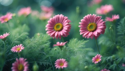 Two pink daisies set against a gentle bokeh background.