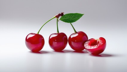 A package design element featuring 3 sweet cherries and half isolated on a background.