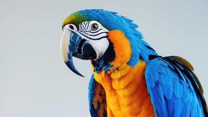 Three-month-old male blue and yellow macaw parrot features vibrant plumage with striking blue feathers, a bright orange chest, and a distinctive black beak against a soft gray background.