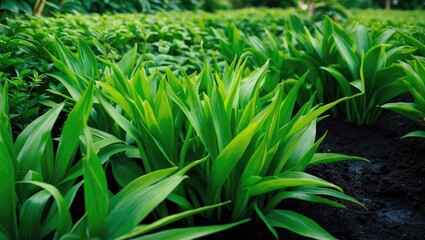 Three-week-old water spinach plants are already thriving in the garden.