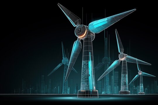 Futuristic wireframe cityscape with wind turbines and neon blue accents, showcasing advanced energy technology in a high-tech digital artwork with dynamic lighting effects