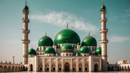 A beautiful mosque with one big green dome and four tall minarets.