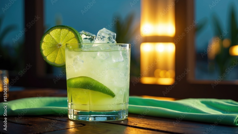 Poster a margarita with lime and ice placed on a dark wood table in mint, featuring stunning backlighting a