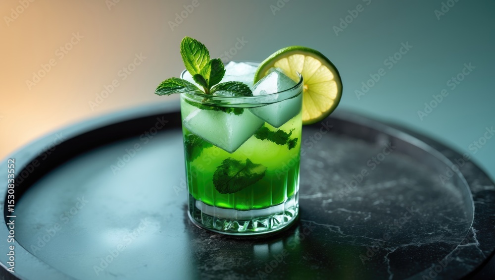 Poster a mojito beverage is placed on a dark stone table, providing space for your content.