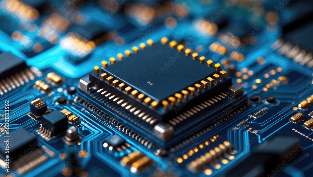Aufkleber A microprocessor located on a printed circuit board with surrounding auxiliary components, illuminated from behind through the board. Macro shot in dark tones.