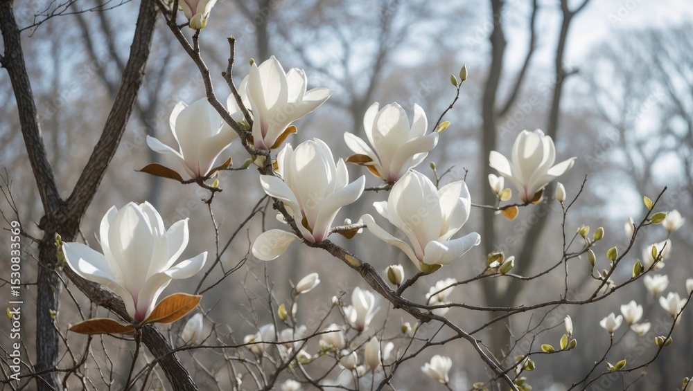 Poster a magnolia tree adorned with white blossoms and extending branches reaching for the sky, enveloped b