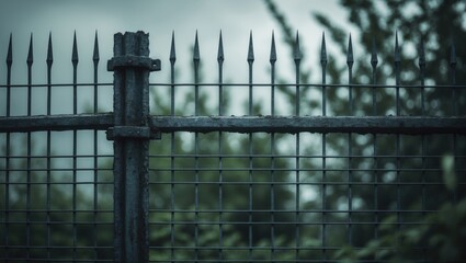 A tall metal fence with spikes, consisting of a wire mesh supported by a metal post and metal bar, is situated among surrounding trees.