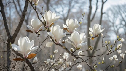 A magnolia tree adorned with white blossoms and extending branches reaching for the sky, enveloped by verdant foliage and a clear blue sky.