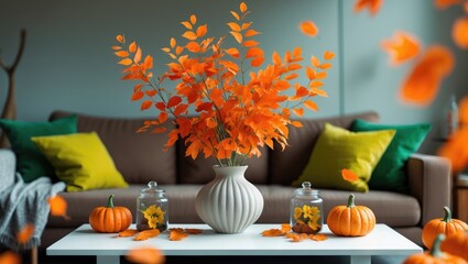 A contemporary living space showcasing a fashionable vase with leaves, warm textures, and neutral tones.