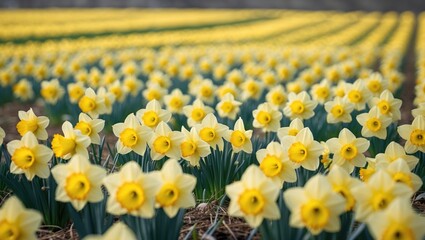 A large cluster of yellow daffodils blooming in a field, featuring two different types of daffodil.