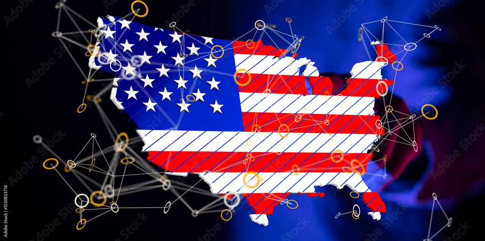Poster Abstract image of US map overlaid with network connections, representing digital connectivity and the American flag.