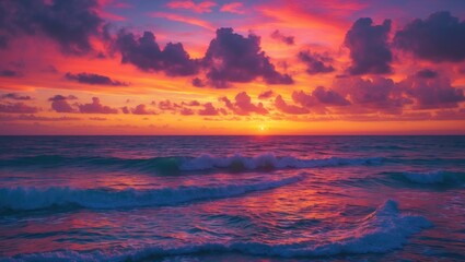 A Vibrant Ocean Sunset Sky as a Soft Wave Breaks onto the Shore in a Vertical Image Orientation
