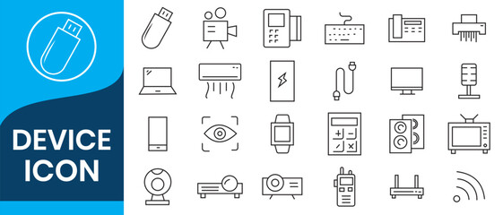 Devices set of web icons in line style. Electronic devices and gadgets icons for web and mobile app. Smart devices, technology, computer monitor, smartphone, tablet, laptop, drone. Vector illustration